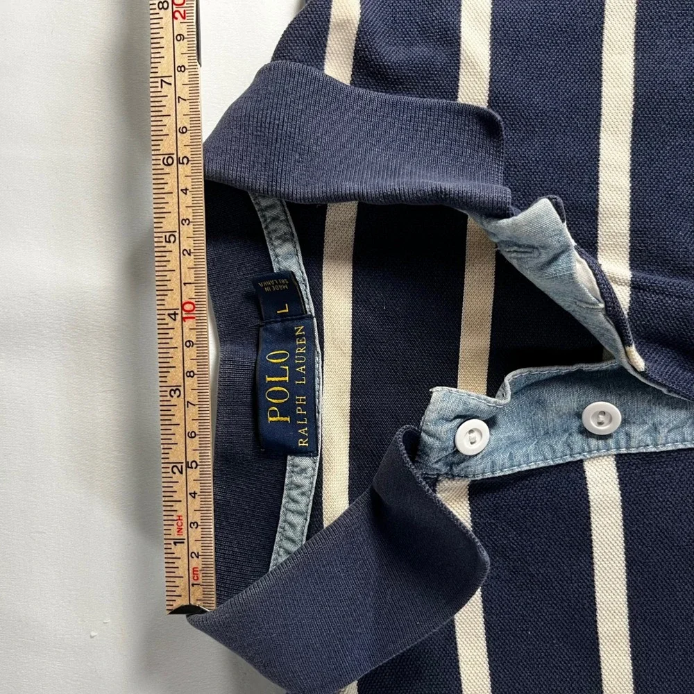 Polo Ralph Lauren Mens Large Navy White Striped Cotton Pique Short Sleeve Polo
